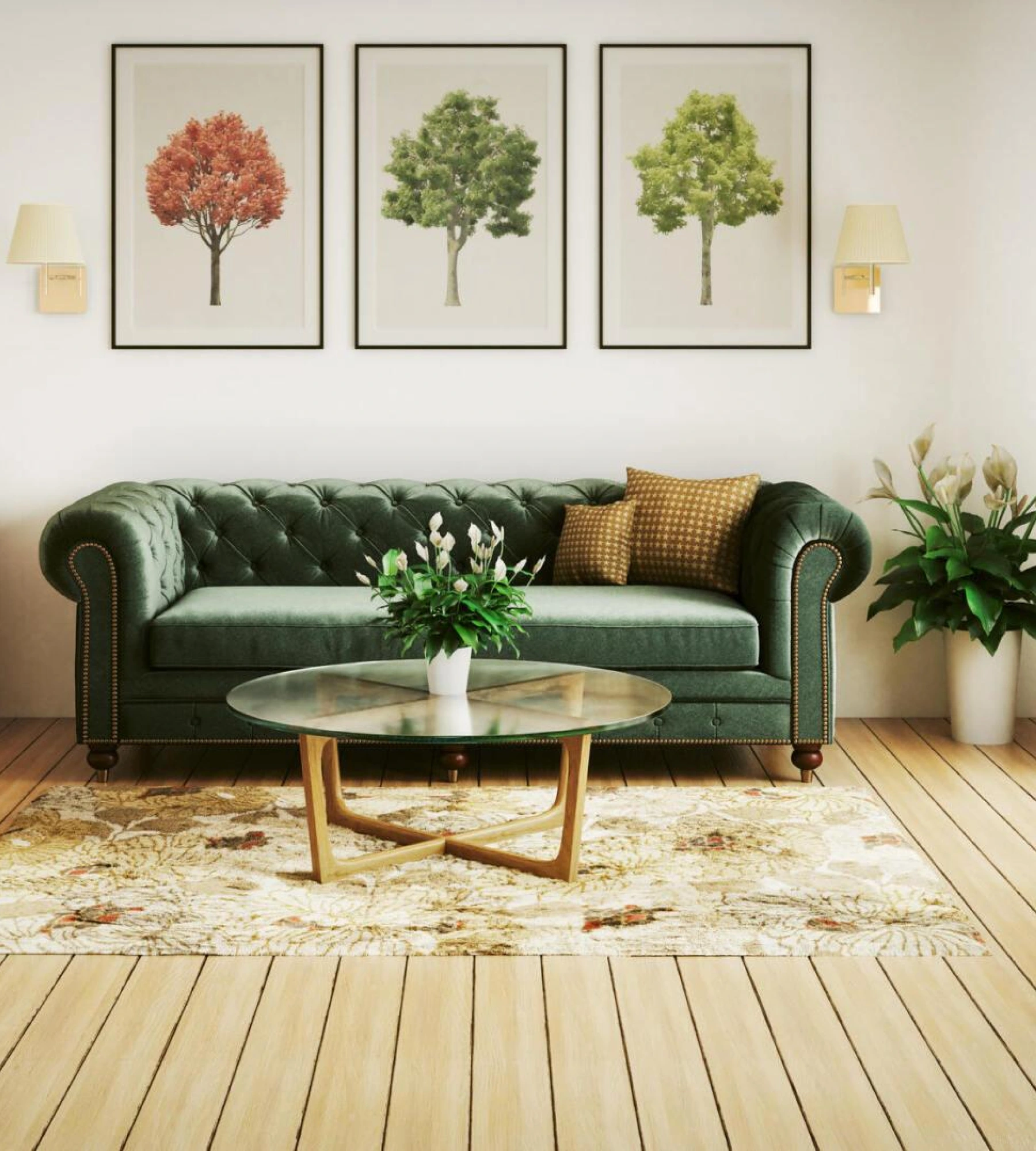 Classic living room with a green sofa, glass coffee table, floral rug, and tree paintings | Elite Interiors