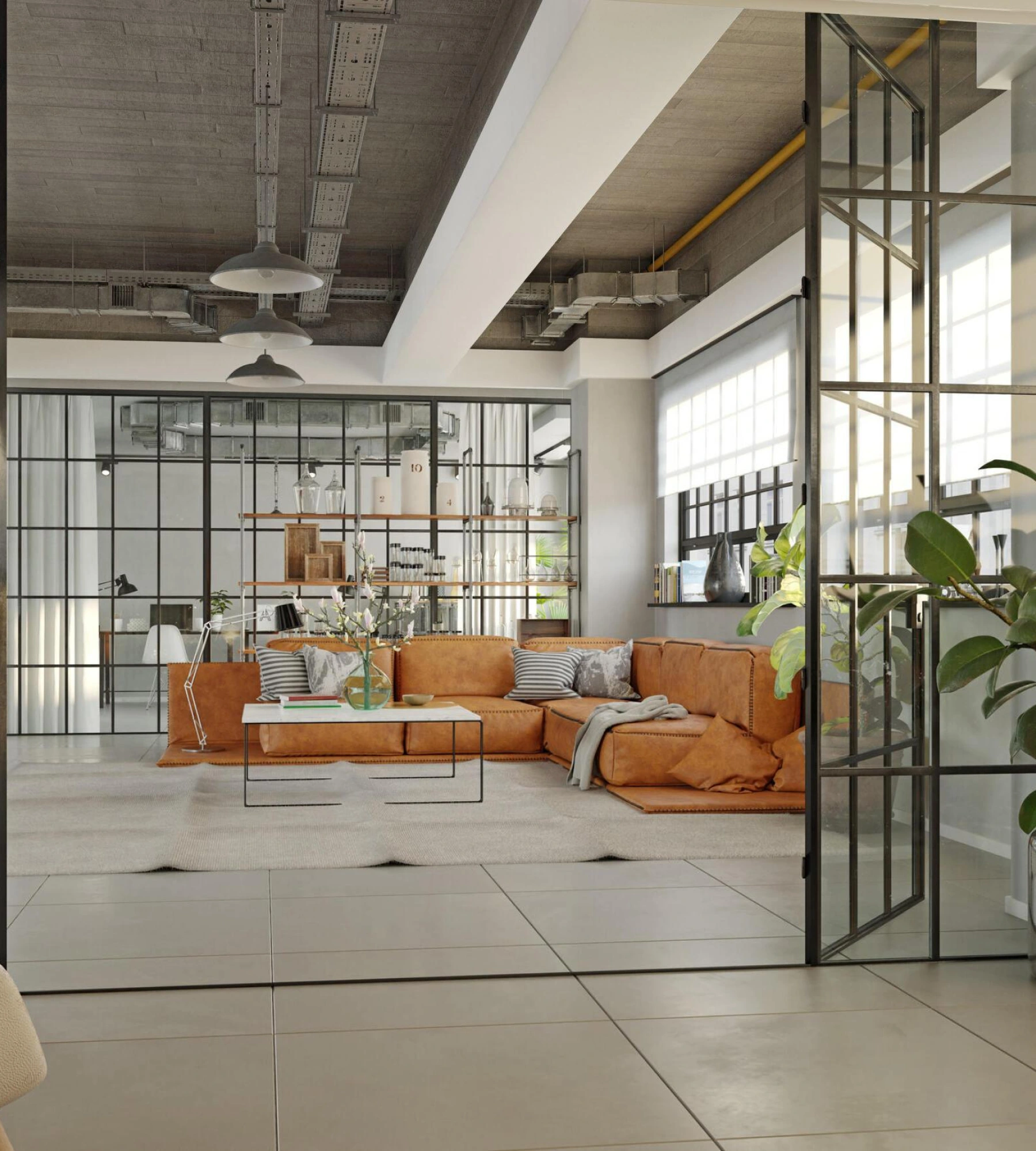 Chic office lounge with caramel leather sofas, glass room dividers, industrial ceiling, and a blend of modern and greenery elements | Elite Interiors