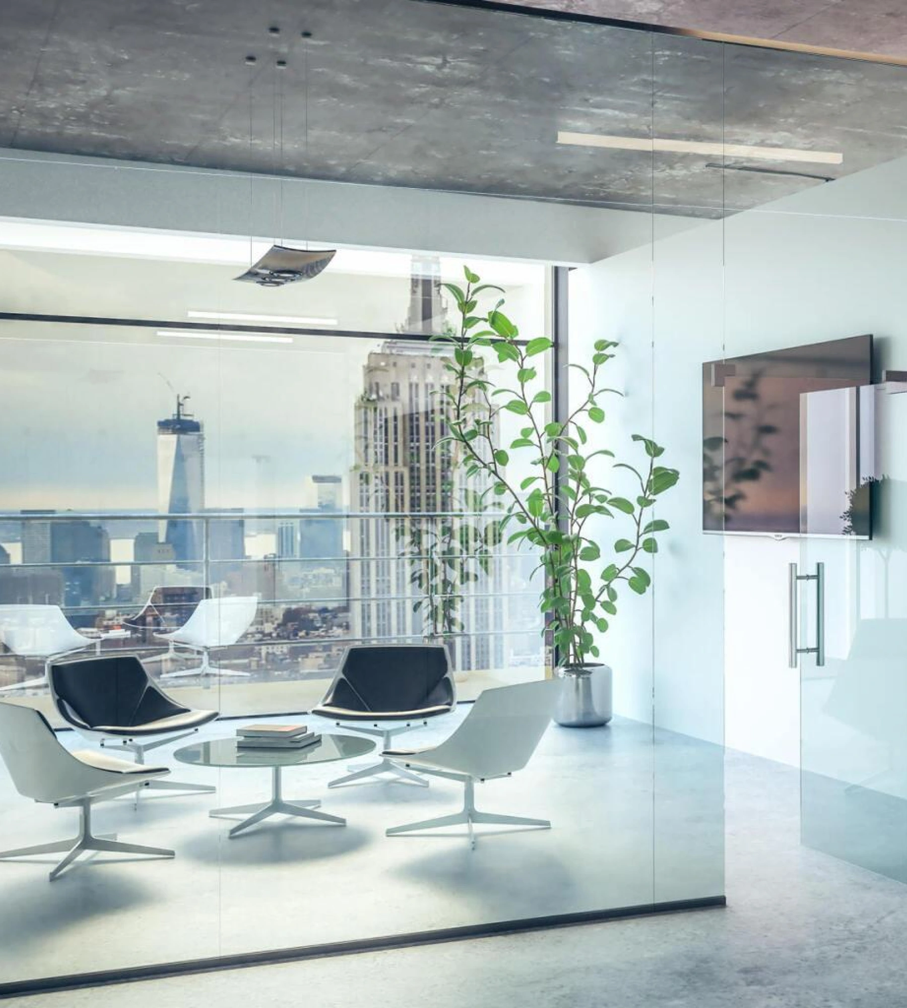 High-rise office meeting room with glass walls, modern white chairs, a city view, and indoor greenery | Elite Interiors