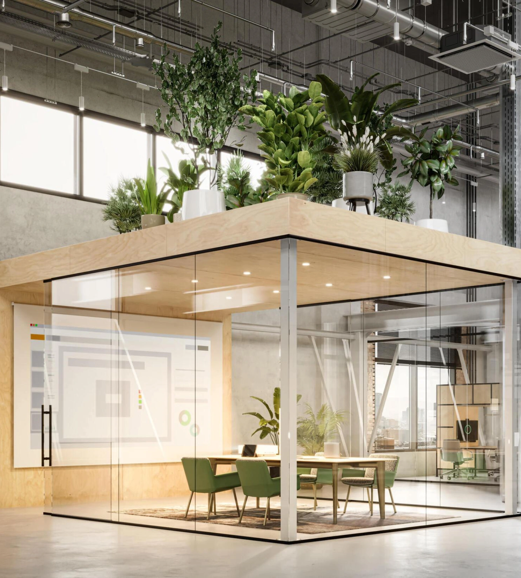 Modern office space with glass walls, wooden accents, green office chairs, and an abundant display of indoor plants on top of the meeting pod | Elite Interiors